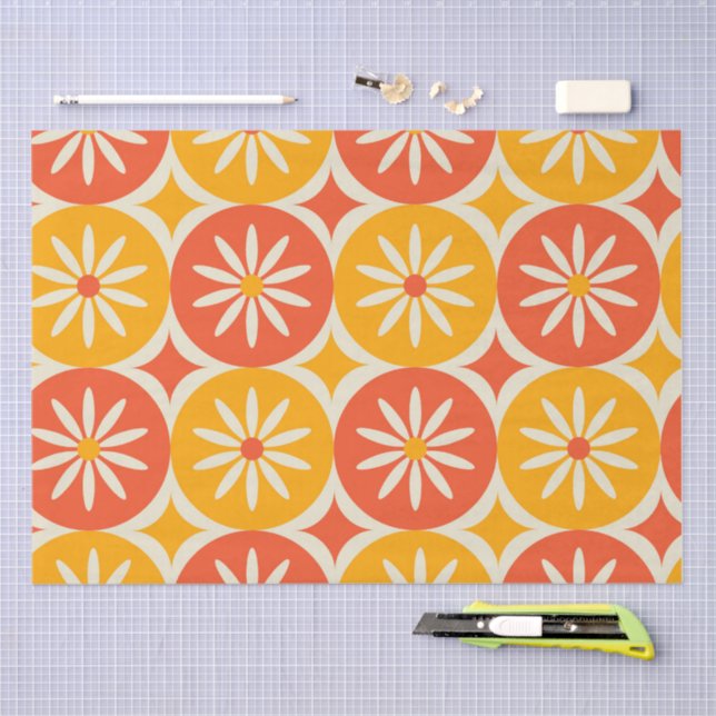 Papel De Seda Daises and Atomic stars on Orange Yellow circles  (Arte )