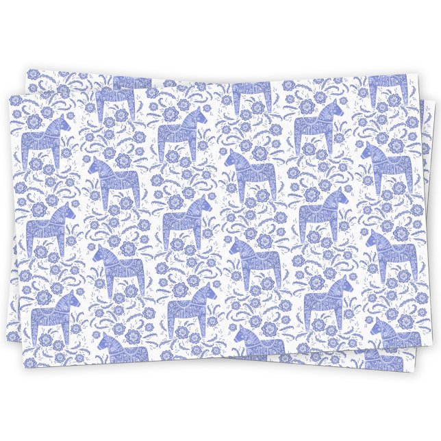 Papel De Seda Dala Horse Blue e White (Blue and white Swedish dala horse pattern tissue paper)