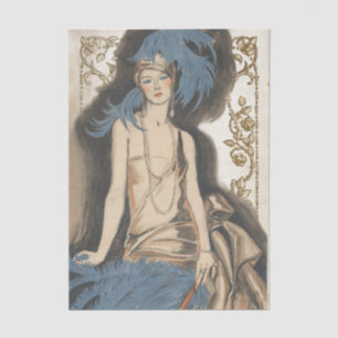 Papel De Seda Dama Art Deco Pena Azul Decoupage Vintage Dourado