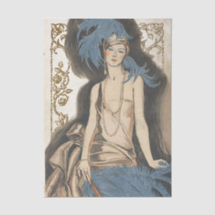 Papel De Seda Dama Art Deco Pena Azul Decoupage Vintage Dourado
