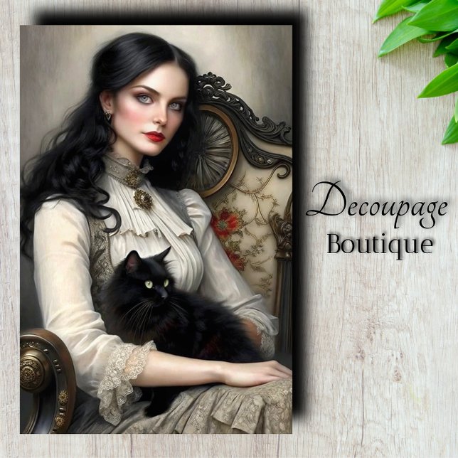 Papel De Seda Dama Gótica Decoupage Gato Preto (Gothic Lady Black Car Decoupage Tissue Paper)