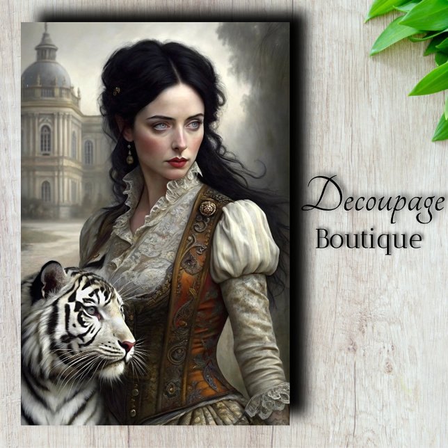 Papel De Seda Dama Gótica Decoupage Tigre Branco (Gothic Lady White Tiger Decoupage Tissue Paper)