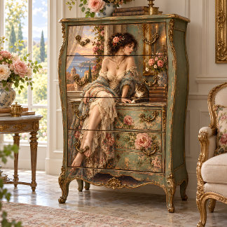 Papel De Seda Dama Mediterrânea com Gato e Rosas Decoupage