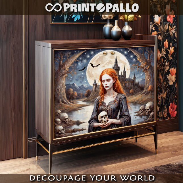 Papel De Seda Dama ruiva de crânios amaldiçoados na paisagem gót (Criador carregado)