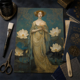 Papel De Seda Dama Vintage com Decoupage de Nenúfares Brancos