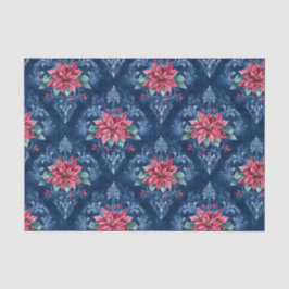 Papel De Seda Damasco Azul Escuro com Flores de Poinsettia Verme