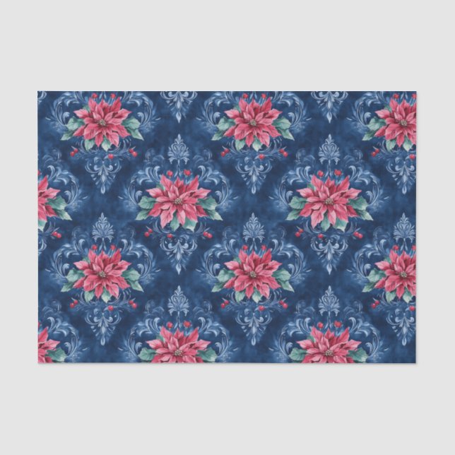 Papel De Seda Damasco Azul Escuro com Flores de Poinsettia Verme (Frente )