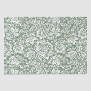 Papel De Seda Damasco branco elegante em verde sage
