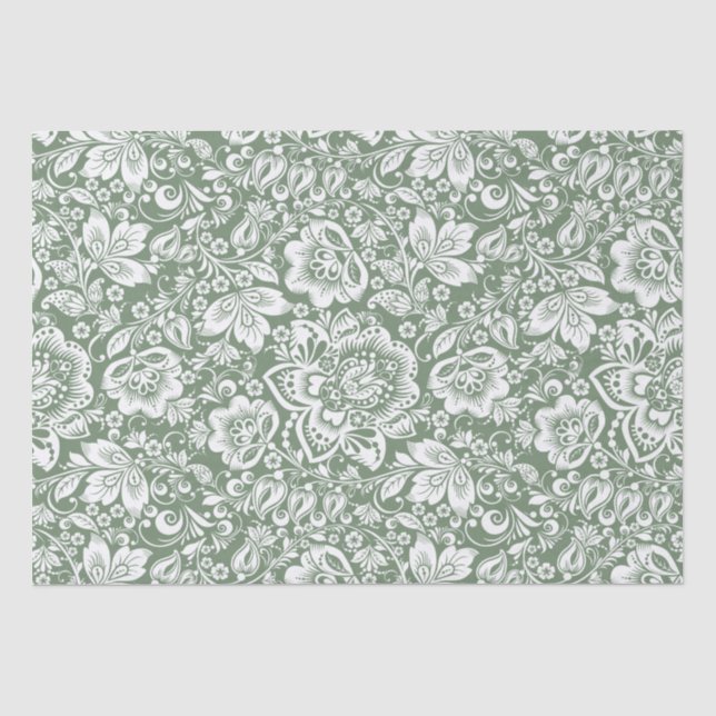 Papel De Seda Damasco branco elegante em verde sage (Frente )