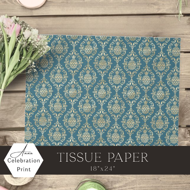 Papel De Seda Damasco de Abacaxi Dourado Azul Verde (teal blue gold pineapple damask decoupage craft and DIY)