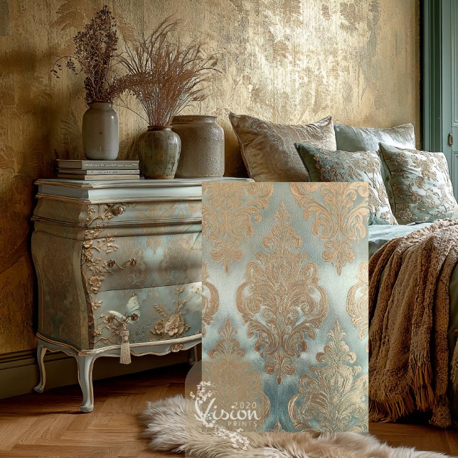 Papel De Seda Damasco Dourado, Efeito Texturizado, Verde Menta S (Jacquard Effect Damask Patterns, Mint Sage Green and Gold Decoupage Tissue Paper)