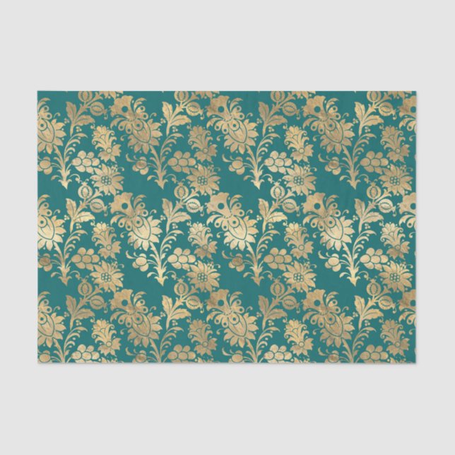 Papel De Seda Damasco Floral de Folha Teal e Dourada (Frente )