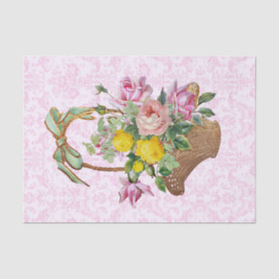 Papel De Seda Damasco Floral e Rosas Cor-de-Rosa em Cesta Artesa