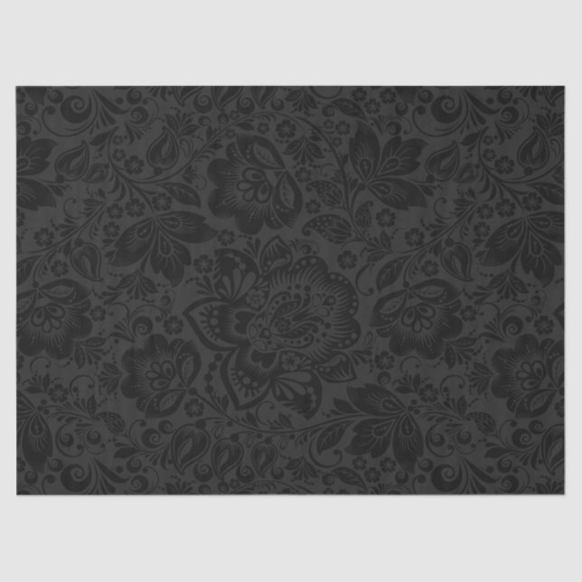 Papel De Seda Damasco floral preto com fundo de cinza escuro (Frente )