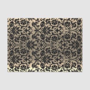 Papel De Seda Damasco Floral Preto e Dourado