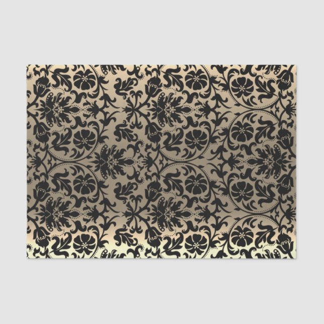 Papel De Seda Damasco Floral Preto e Dourado (Frente )