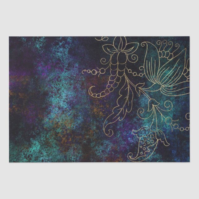 Papel De Seda Damasco Grunge Floral Dourado (Frente )