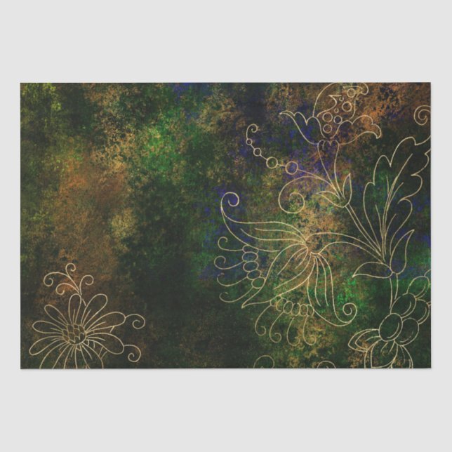 Papel De Seda Damasco Grunge Floral Dourado (Frente )