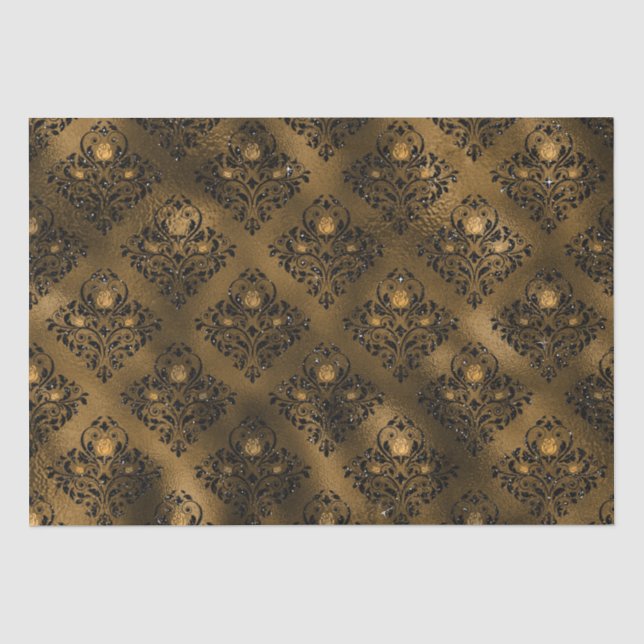 Papel de seda damasco rosa preto e dourado retrô (Frente )
