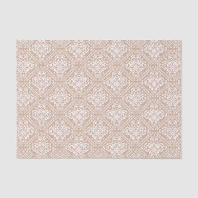Papel De Seda Damascos Florais Brancos e Fundo de Tan (Frente )