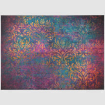 Damask & script elegant purple blue gold  