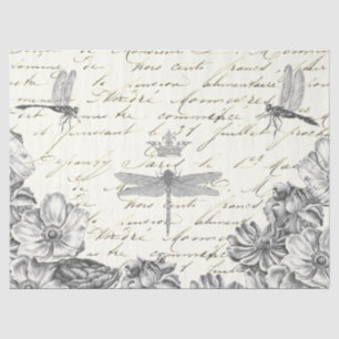 Papel De Seda Damselflies na espera floral do Script Francês dos
