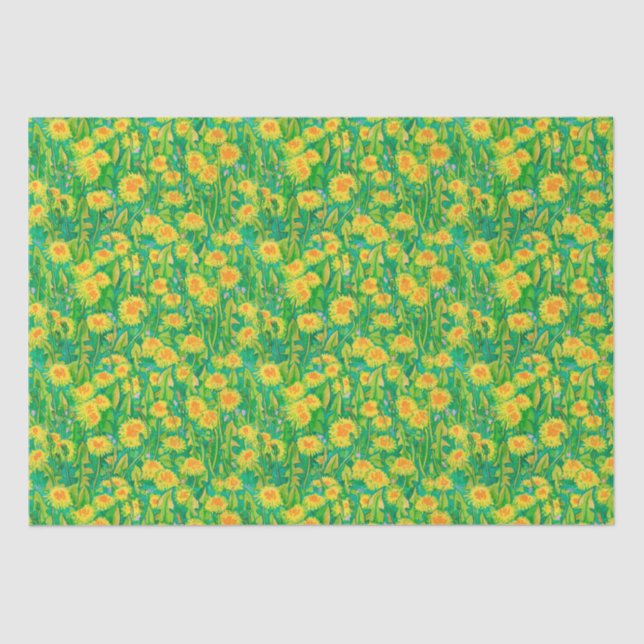 Papel De Seda Dandelion Bloom Summer Flowers Floral Verde Amarel (Frente )