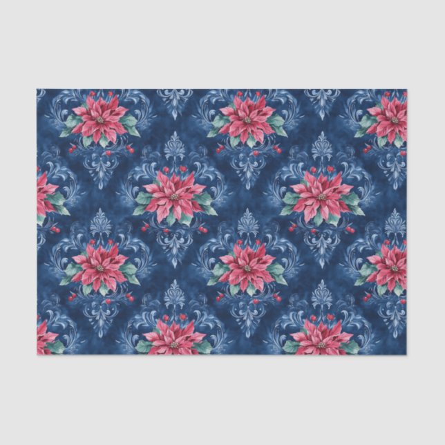 Papel De Seda Dark Blue Damask with Red Poinsettia Flowers (Frente )