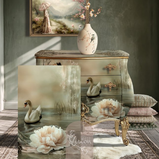 Papel De Seda De bom grado Cisne & lago floral (De bonne grâce Romantic Swan Ethereal Lake Fantasy decoupage tissue paper.)