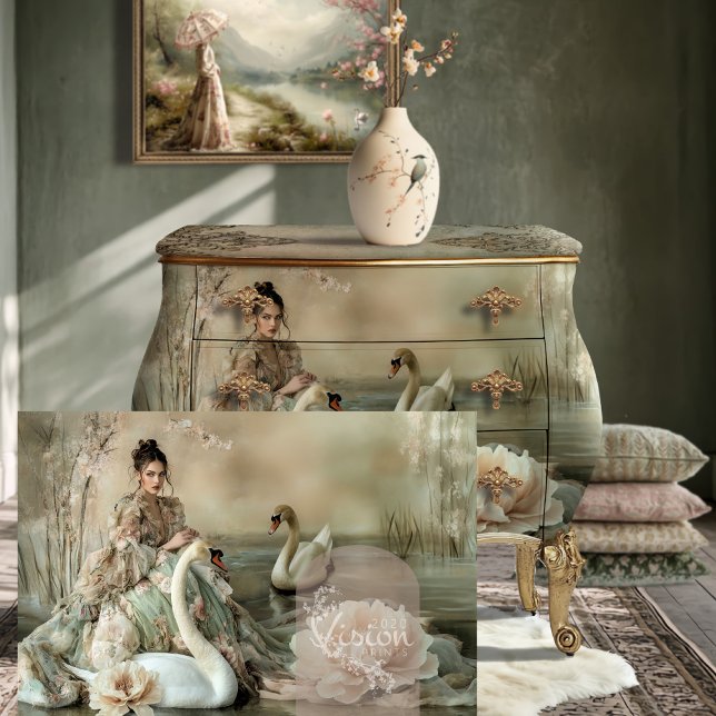 Papel De Seda De bonne grâce Bouffant Portrait & Swan (De bonne grâce Elegant Bouffant Portrait Lady & Swan Ethereal Lake Fantasy & Floral decoupage paper.)