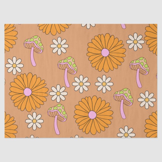 Papel De Seda De volta aos Laranja Daisies e Cogumelos dos anos  (Frente )