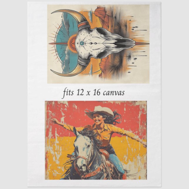 Papel De Seda Decoupage 12x16 Cowgirl Roper & Skull Design  (Frente )
