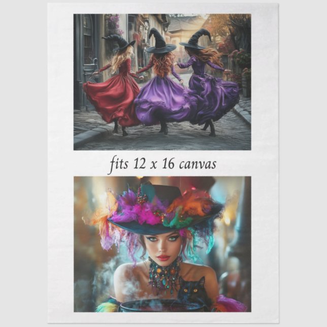 Papel De Seda Decoupage 12x16 Whimsical Witches Festive Mystical (Frente )