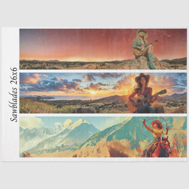 Papel De Seda Decoupage 26x6" Cowgirl Western Designs Handsaws (Frente )