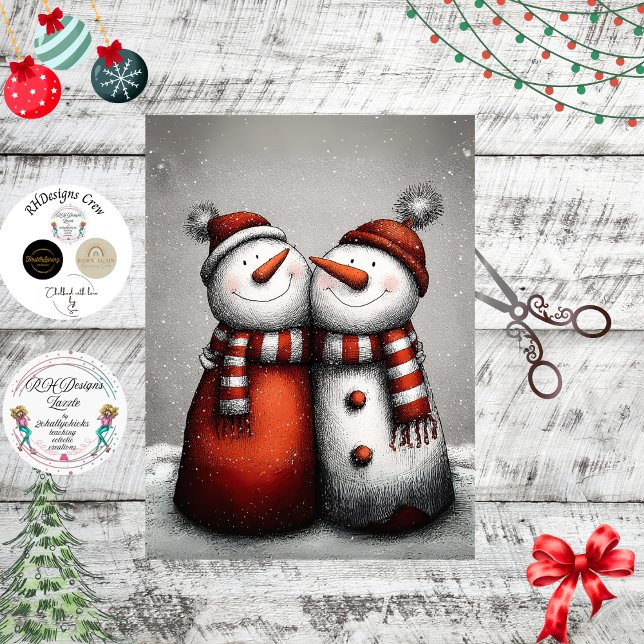 Papel De Seda Decoupage 2 Snowmen Red Stripped Scarves Winter (Criador carregado)