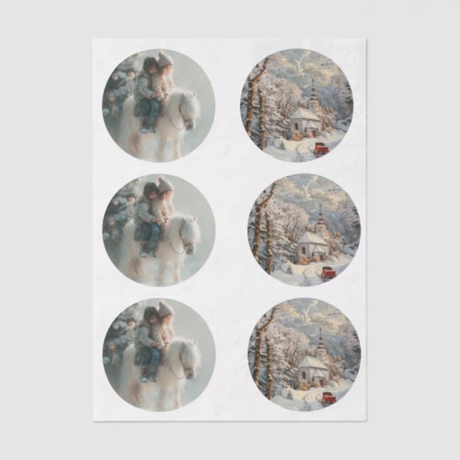 Papel De Seda Decoupage 3" Snow Globe Moulds Child Horse Winter  (Frente )