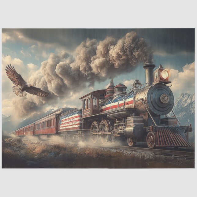 Papel De Seda Decoupage American Locomotive With Flag & Eagle (Frente )