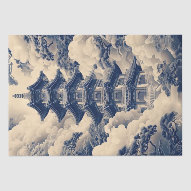 Papel De Seda Decoupage Azul do Templo Chinês Chinês (Frente )