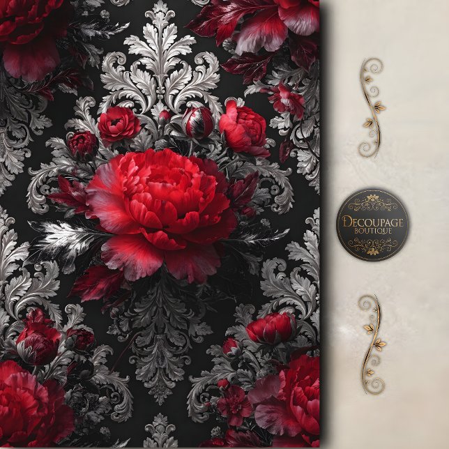 Papel De Seda Decoupage Barroco de Rosa Vermelha (Red Rose Baroque Decoupage Tissue Paper)