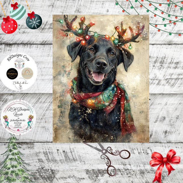 Papel De Seda Decoupage Black Lab Christmas Lights Antlers  (Criador carregado)