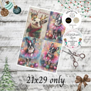 Papel De Seda Decoupage Boston Terrier Antlers e Luz de Natal