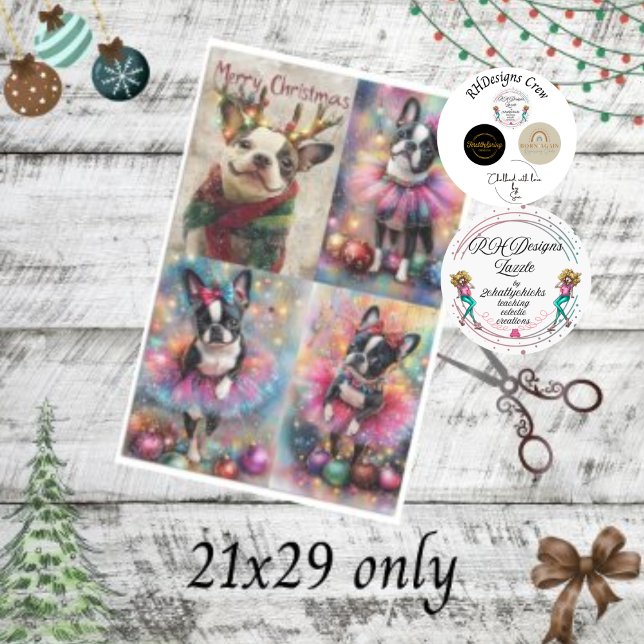 Papel De Seda Decoupage Boston Terrier Antlers e Luz de Natal (Criador carregado)