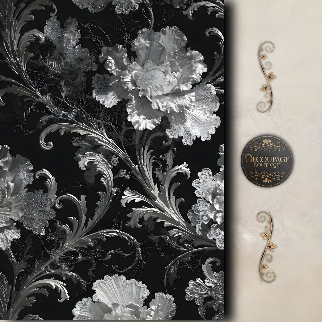 Papel De Seda Decoupage Botânico Preto Prata (Black Silver Botanical Decoupage Tissue Paper)