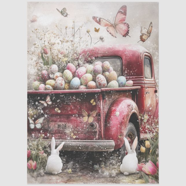 Papel De Seda Decoupage Caminhão Vermelho Coelhinhos Ovos Páscoa (Frente )
