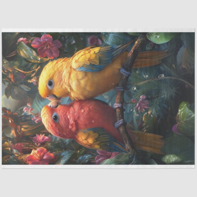 Papel De Seda Decoupage Conure Love Birds in Tropical Forest (Frente )