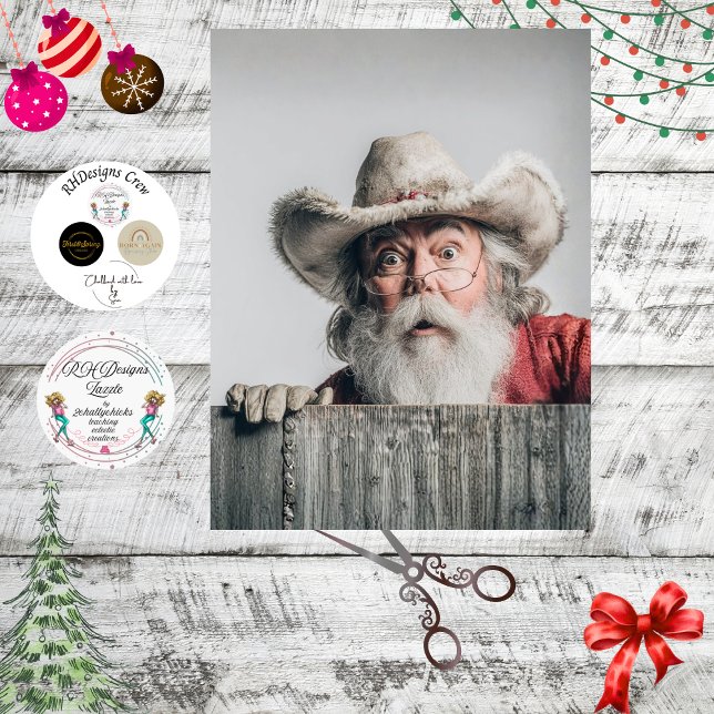 Papel De Seda Decoupage Cowboy Santa Claus Peeking Over Fence (Criador carregado)