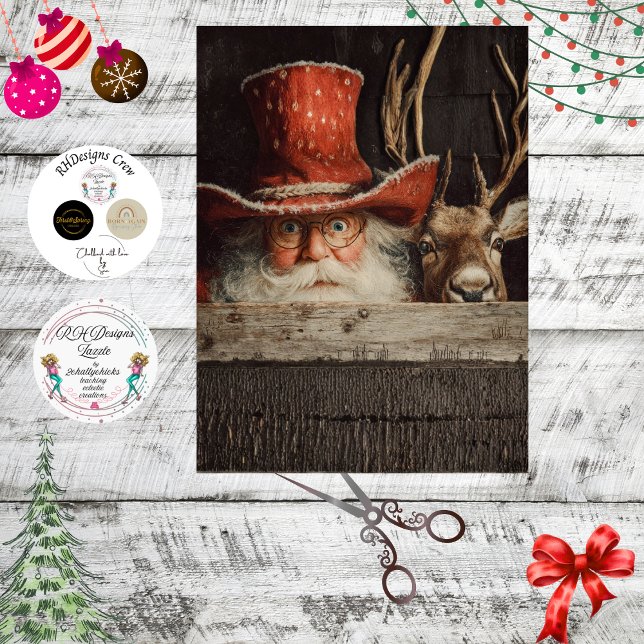 Papel De Seda Decoupage Cowboy Santa & Rudolph Peeking  (Criador carregado)