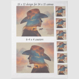 Papel De Seda Decoupage Cowgirl Silhouette 11x14 Canvas Coasters