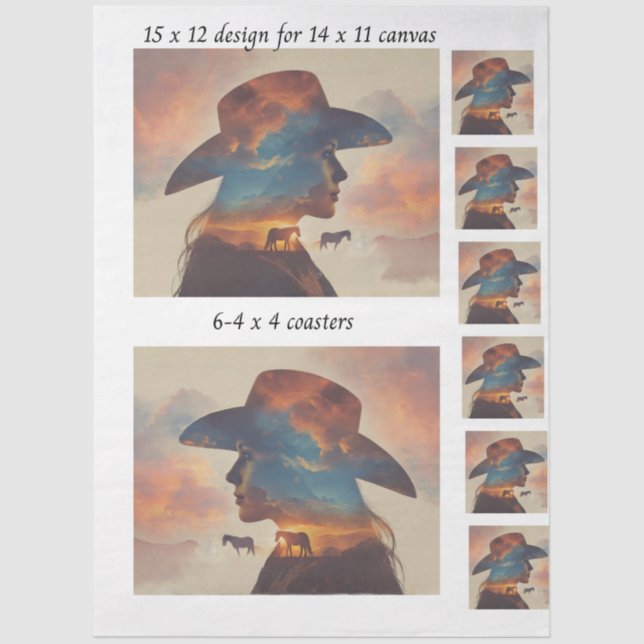 Papel De Seda Decoupage Cowgirl Silhouette 11x14 Canvas Coasters (Frente )