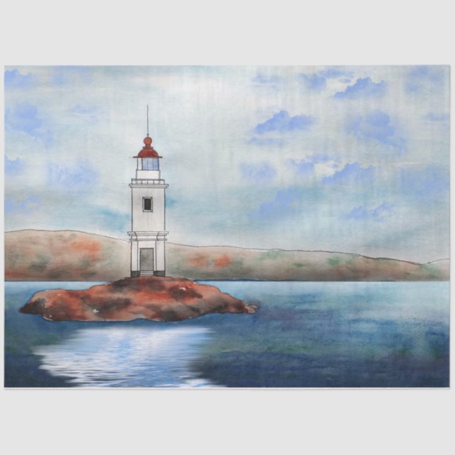 Papel De Seda Decoupage de Aquarela Oceânica de Farol (Frente )